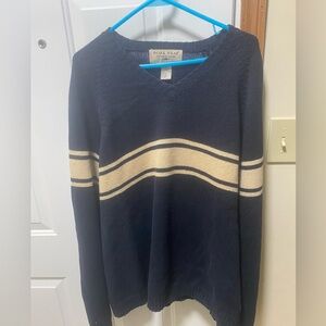Vintage Preppy WORK WEAR Striped Knit Sweater XXL Navy Blue Ramie Cotton V-Neck